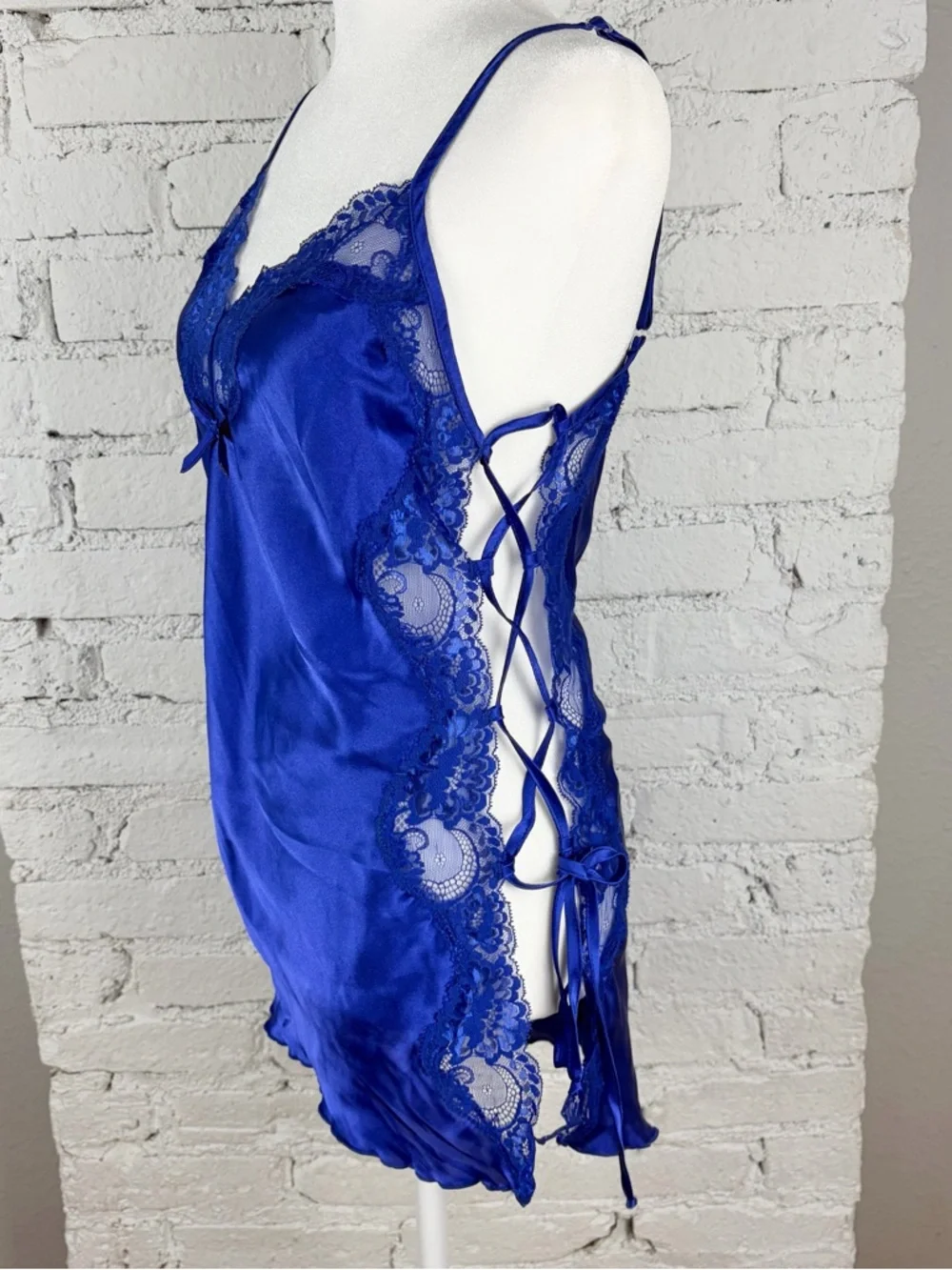 Shirley Hollywood Blue Lace Up Side Slip Nightie Vintage Small - Picture 3 of 15